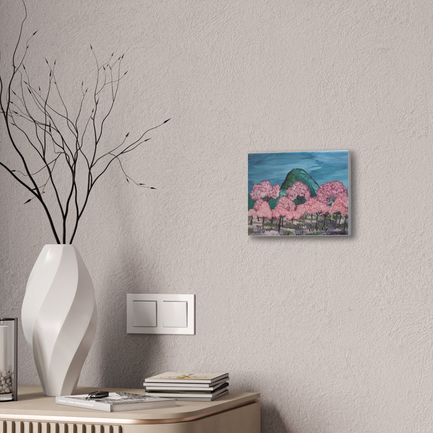 "Cherry Blossom Mountain" Canvas Wall Art — Spring Landscape Stretched Canvas