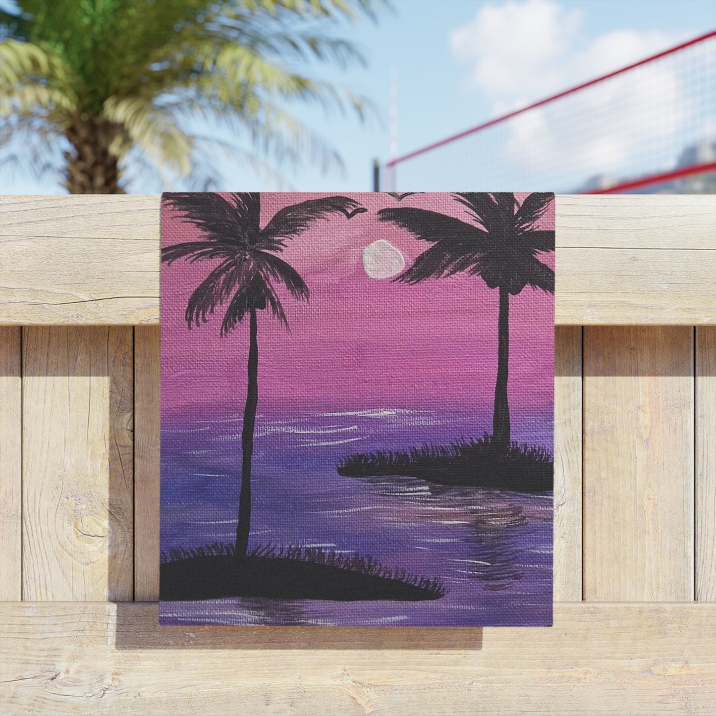 Purple Sunset Palm Beach Towel — Tropical Moonlight Seascape