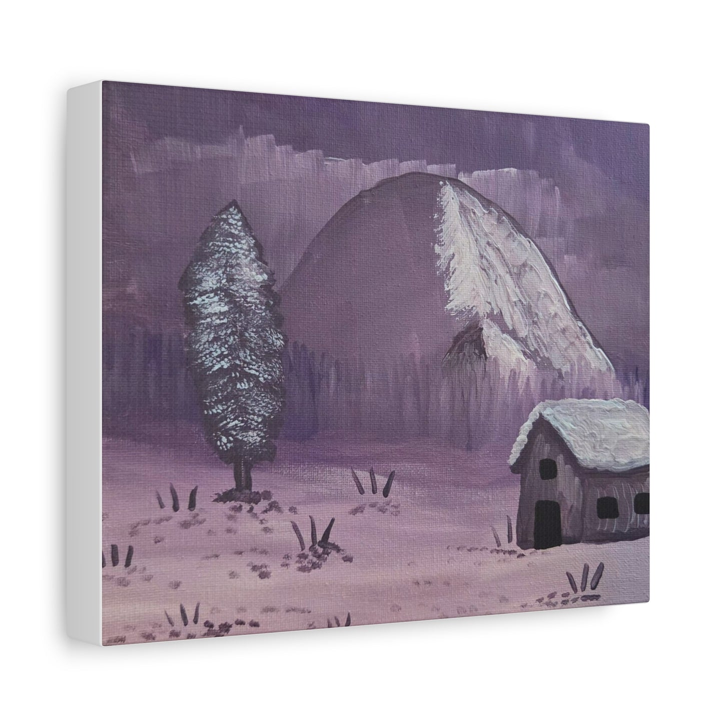 "Snowy Cabin by the Hill" Canvas Print — Matte Stretched Wall Art