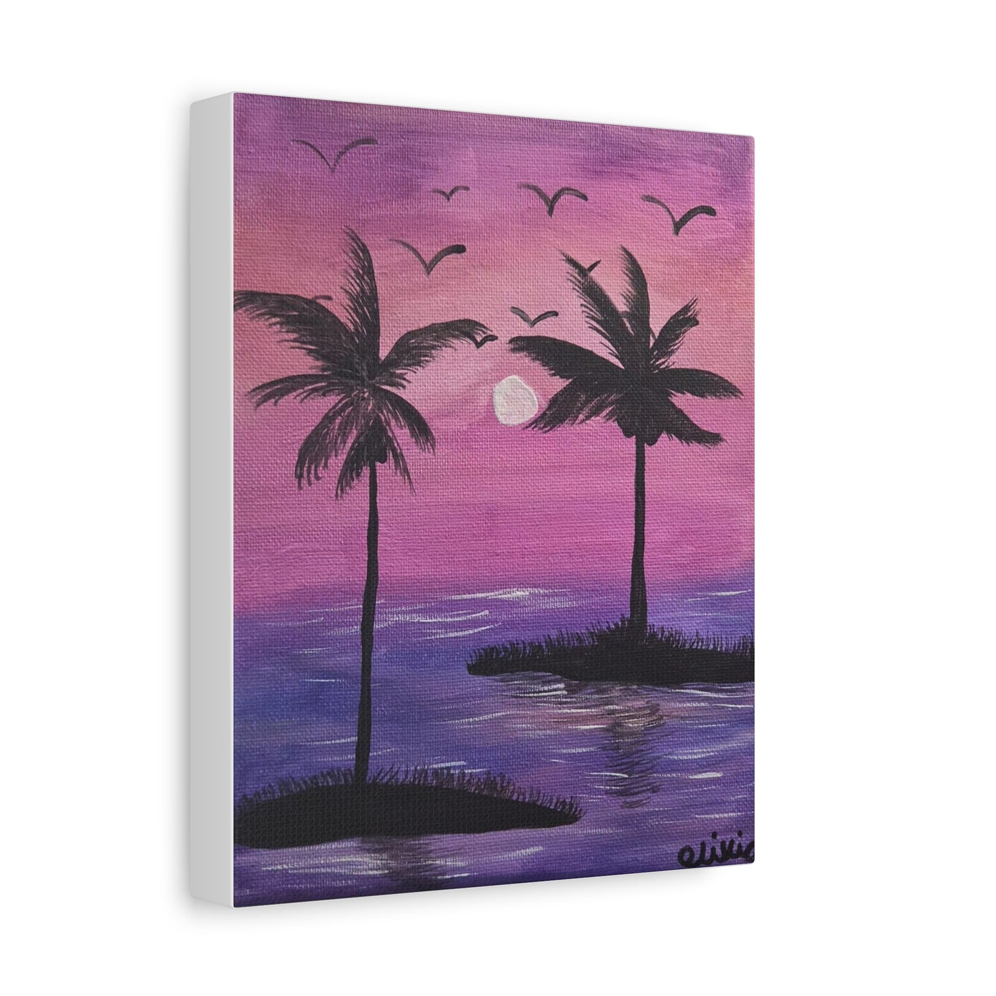 Tropical Sunset Canvas Wall Art — Purple Palm Tree Beach Scene