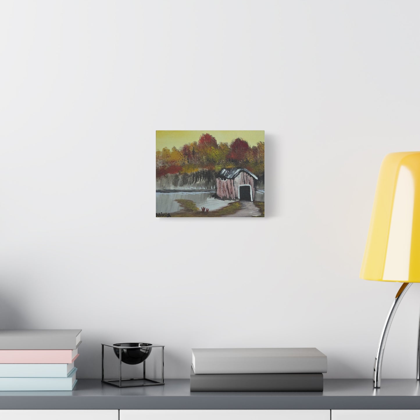 "The Boathouse" Canvas — Rustic Fall Landscape Matte Wall Art