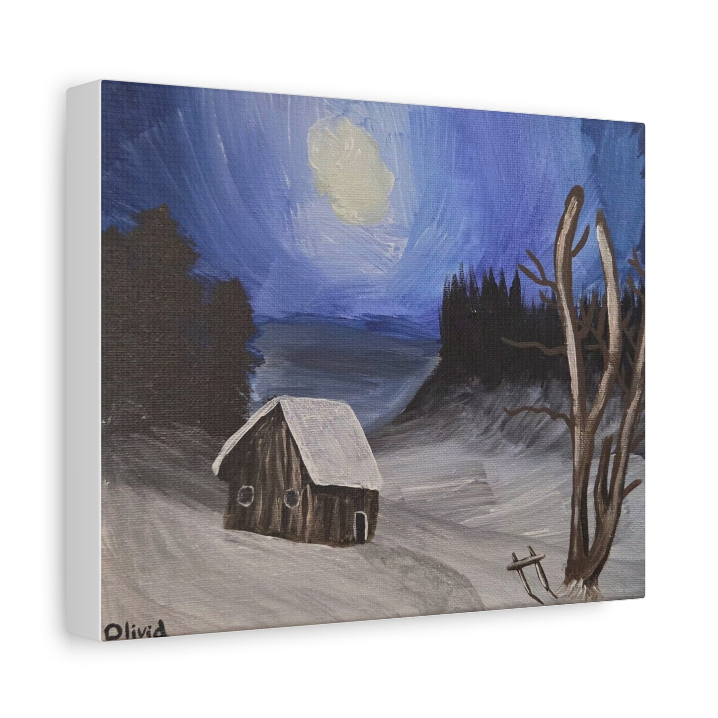 "Snowy Moonlit Cabin" Canvas Print — Matte Stretched Wall Art