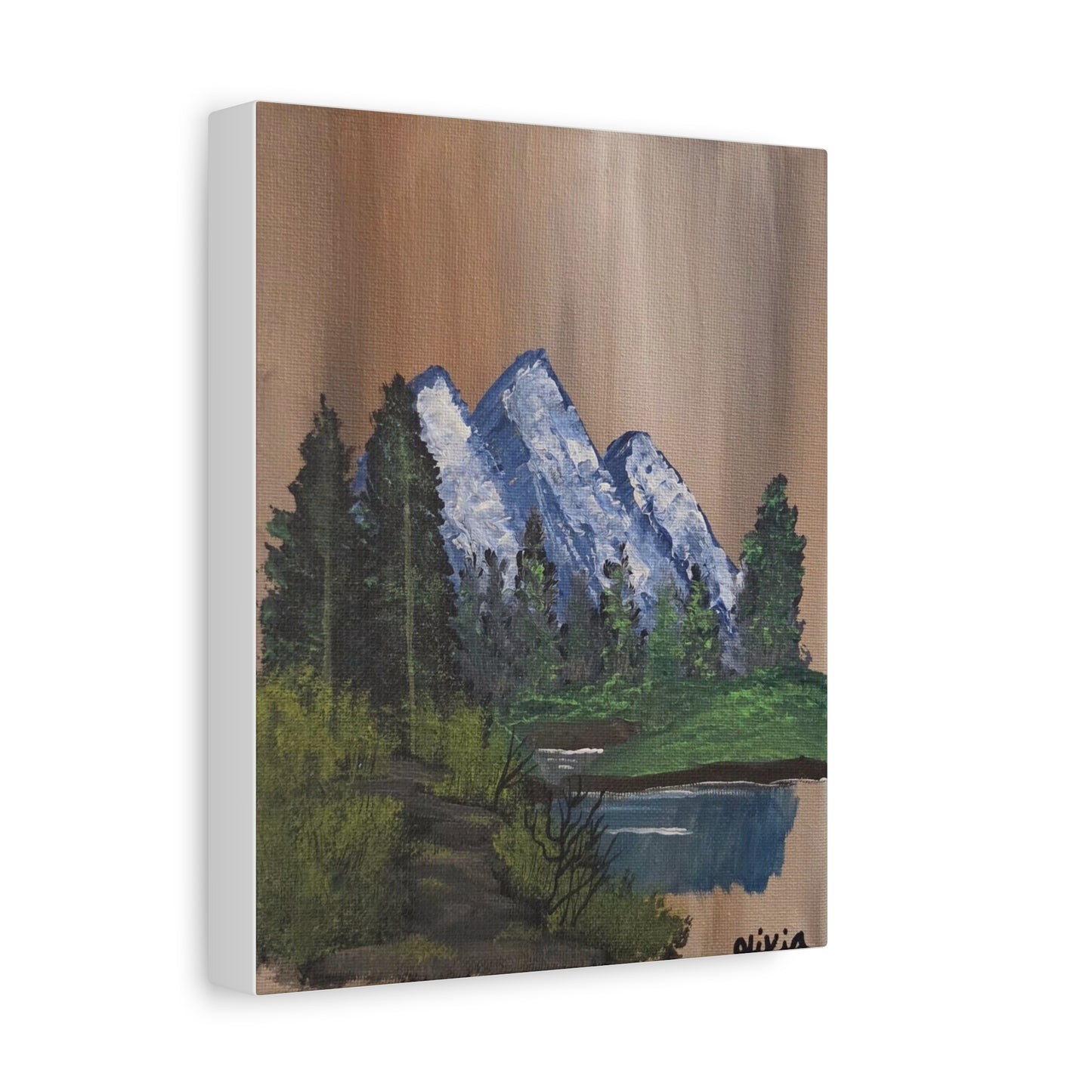 Mountain Lake Painting Matte Canvas Print — Stretched Nature Wall Art