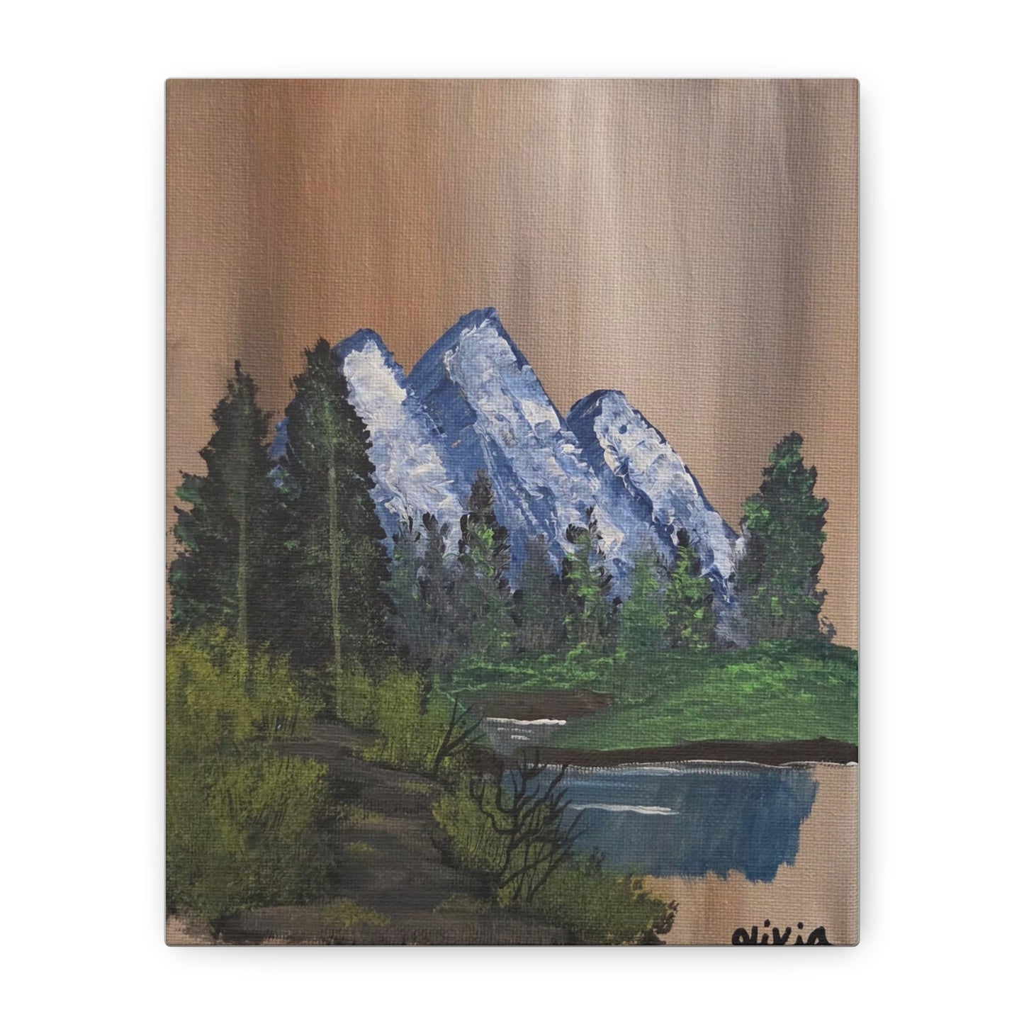 Mountain Lake Painting Matte Canvas Print — Stretched Nature Wall Art