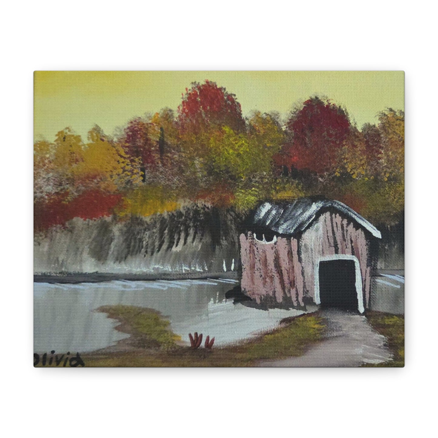 "The Boathouse" Canvas — Rustic Fall Landscape Matte Wall Art