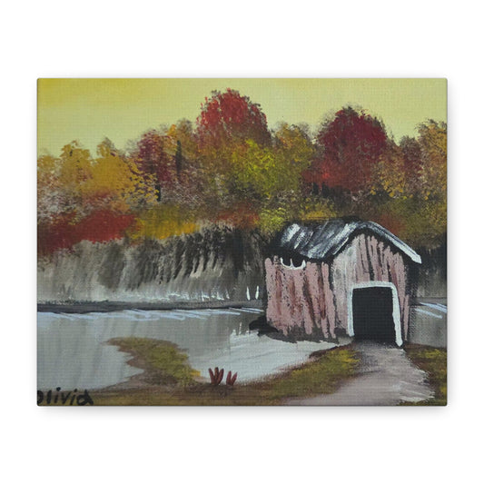 "The Boathouse" Canvas — Rustic Fall Landscape Matte Wall Art