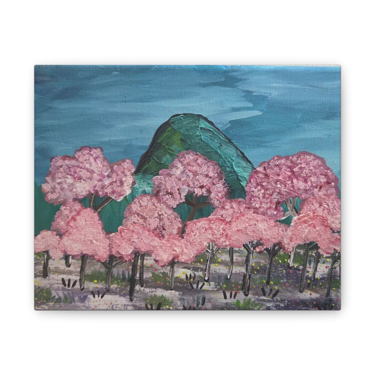 "Cherry Blossom Mountain" Canvas Wall Art — Spring Landscape Stretched Canvas