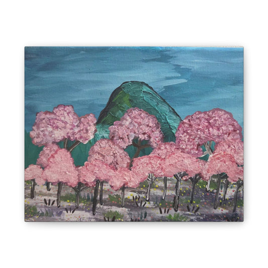 "Cherry Blossom Mountain" Canvas Wall Art — Spring Landscape Stretched Canvas