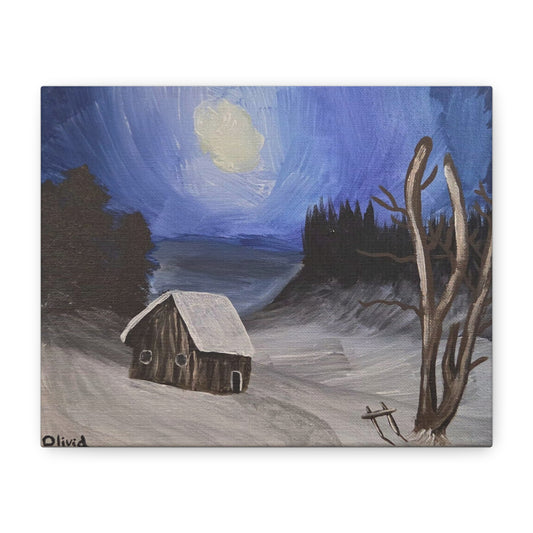 "Snowy Moonlit Cabin" Canvas Print — Matte Stretched Wall Art