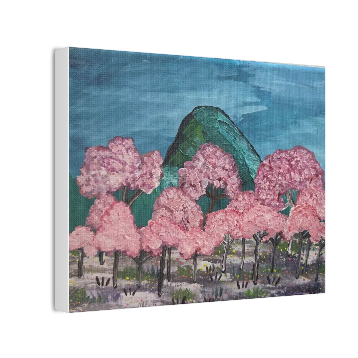 "Cherry Blossom Mountain" Canvas Wall Art — Spring Landscape Stretched Canvas