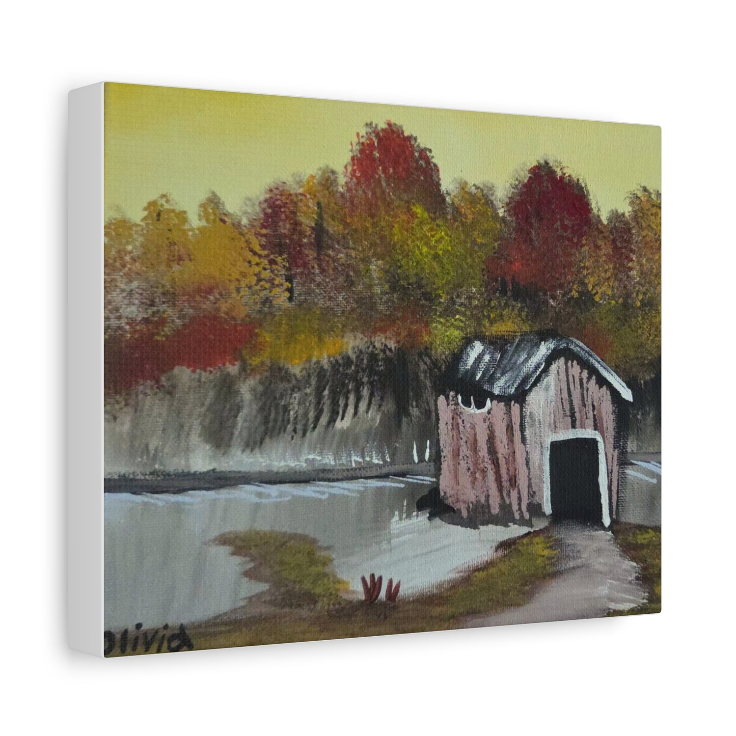 "The Boathouse" Canvas — Rustic Fall Landscape Matte Wall Art