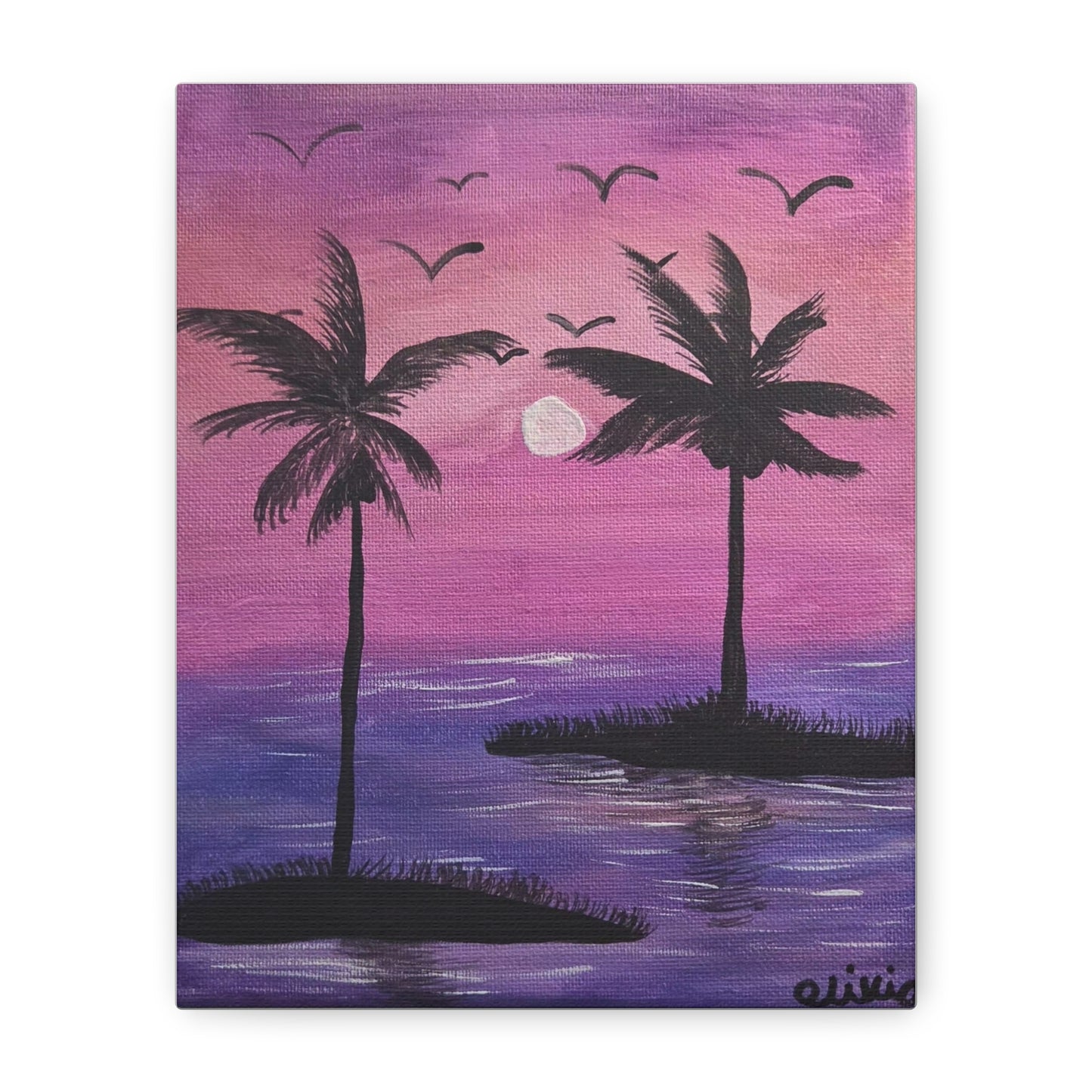 Tropical Sunset Canvas Wall Art — Purple Palm Tree Beach Scene