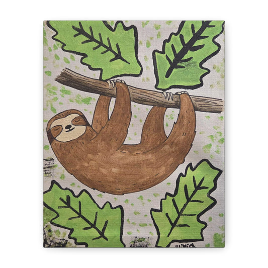"Sloth" Wall Art Canvas — Cute Hanging Sloth Illustration on Matte Stretched Canvas