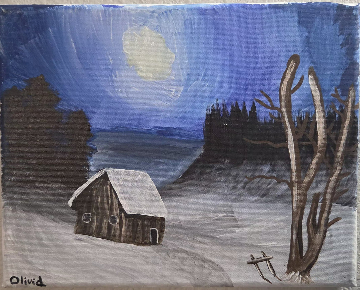 Snowy Moonlit Cabin